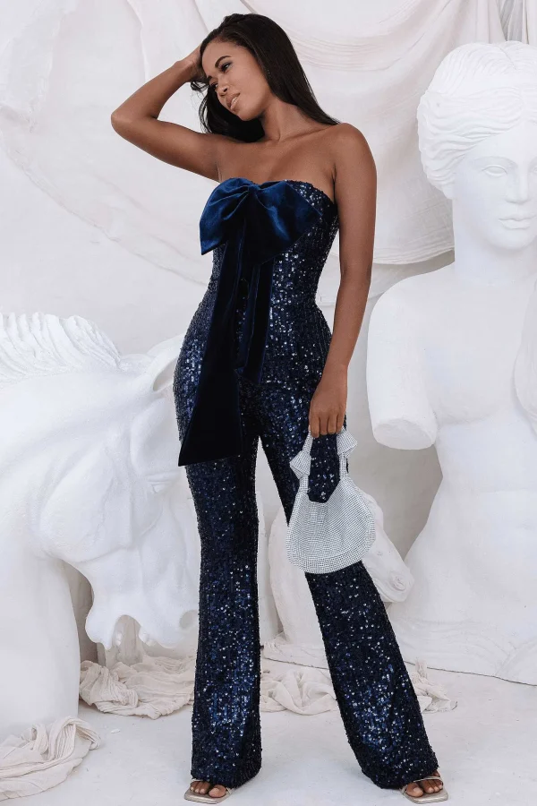 Lavish Alice Adira Bandeau Bow Sequin & Velvet Jumpsuit In Navy Cheap