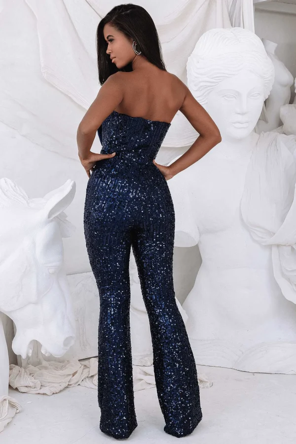 Lavish Alice Adira Bandeau Bow Sequin & Velvet Jumpsuit In Navy Cheap