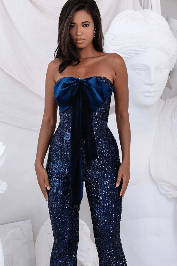 Lavish Alice Adira Bandeau Bow Sequin & Velvet Jumpsuit In Navy Cheap