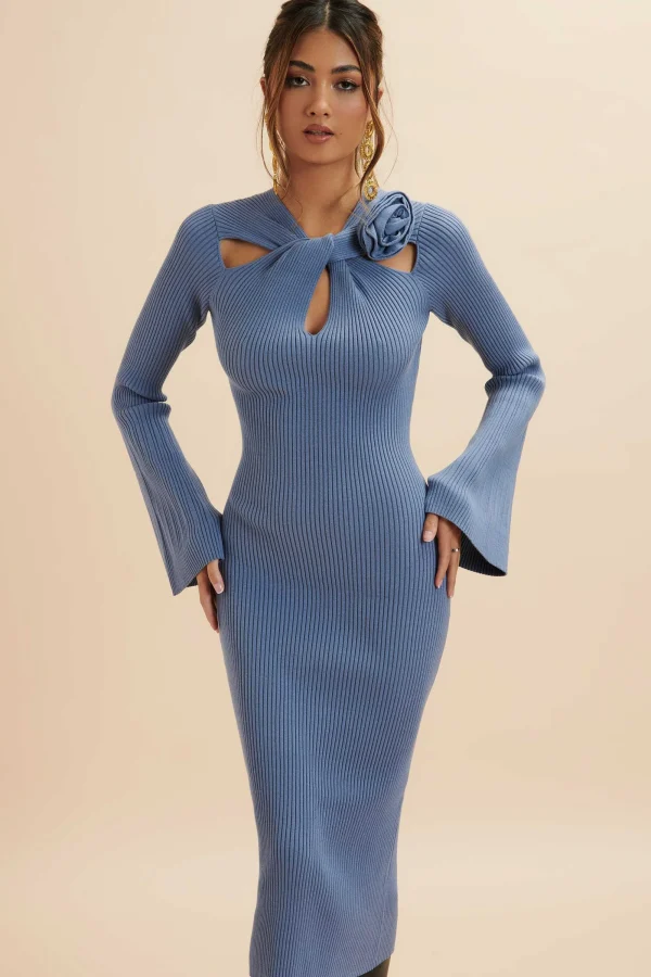 Lavish Alice Alia Knitted Ribbed Corsage Midi Dress In Cornflower Blue Discount