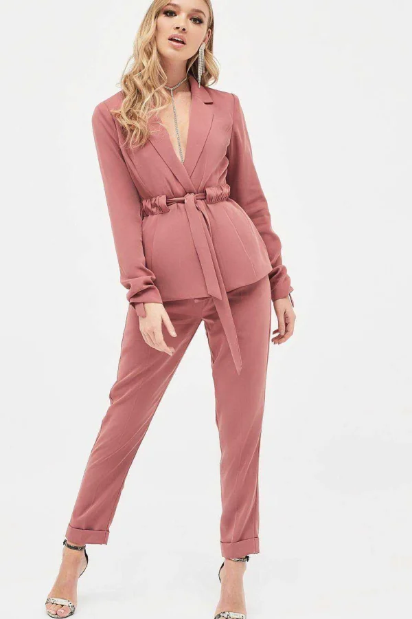 Lavish Alice Allison Belted Ruche Sleeve Jacket In Dusty Rose Fashion