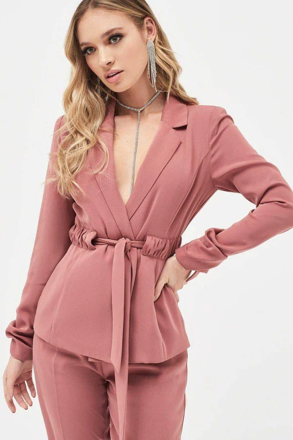 Lavish Alice Allison Belted Ruche Sleeve Jacket In Dusty Rose Fashion