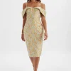 Lavish Alice Amia Bardot Sleeve Midi Dress In Floral Jacquard Hot