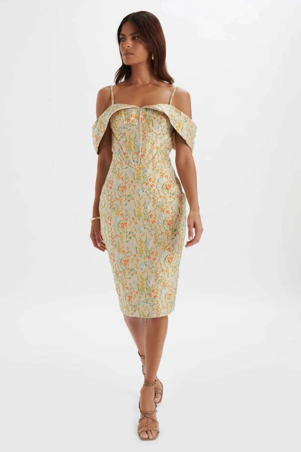 Lavish Alice Amia Bardot Sleeve Midi Dress In Floral Jacquard Hot