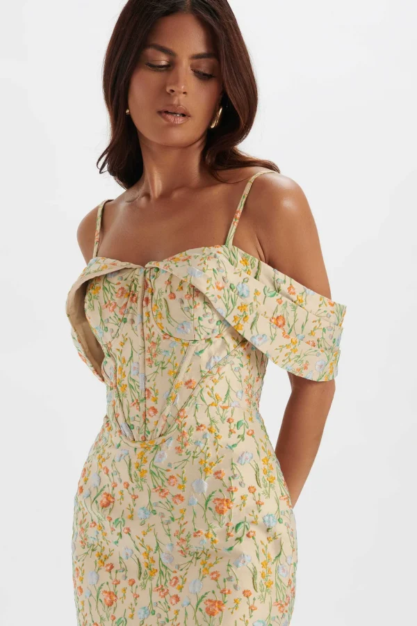 Lavish Alice Amia Bardot Sleeve Midi Dress In Floral Jacquard Hot