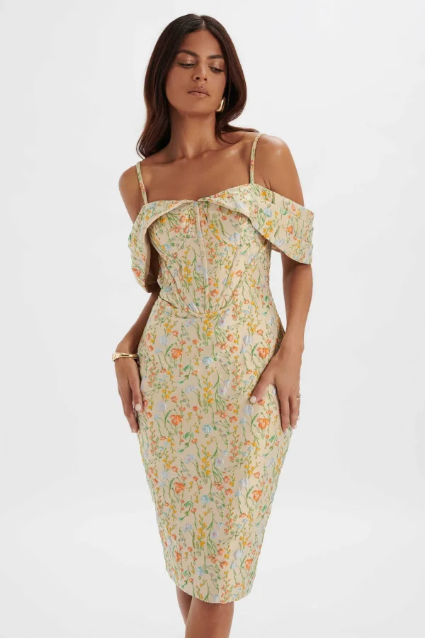 Lavish Alice Amia Bardot Sleeve Midi Dress In Floral Jacquard Hot