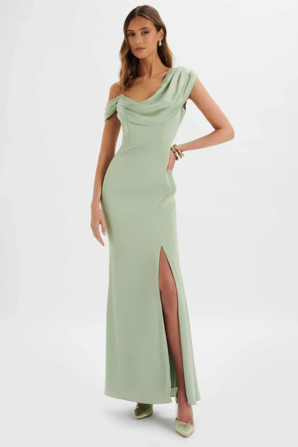 Lavish Alice Annabella Satin Asymmetric Drape Maxi Dress In Sage Green Shop