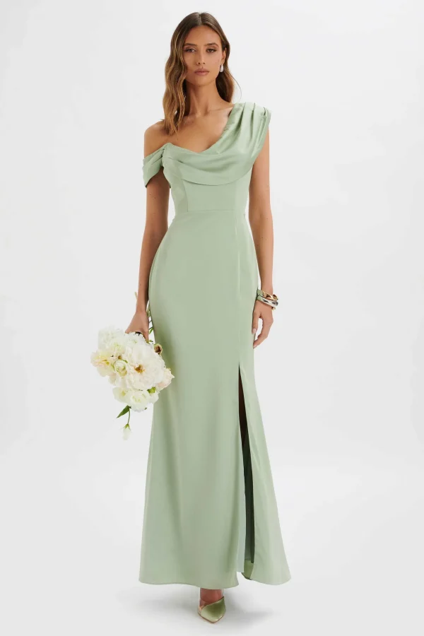 Lavish Alice Annabella Satin Asymmetric Drape Maxi Dress In Sage Green Shop