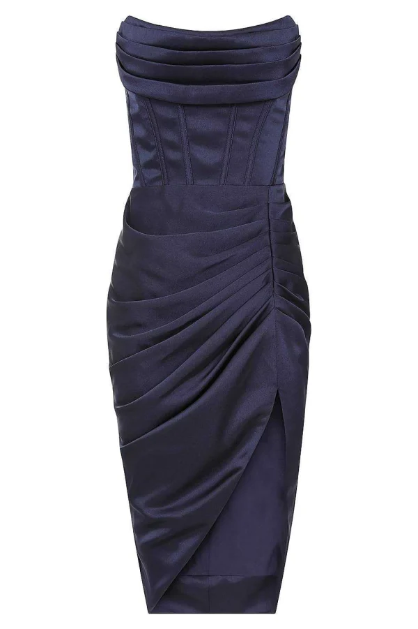 Lavish Alice Ariel Strapless Corset Draped Midi Dress In Navy Best Sale