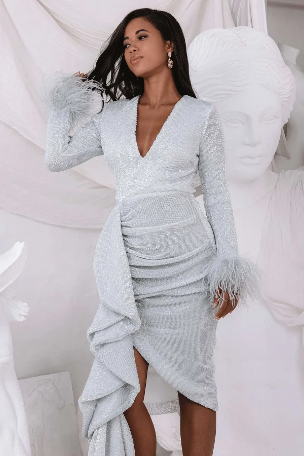 Lavish Alice Athena Draped Skirt Pleated Sequin Midi Dress In Silver Shop