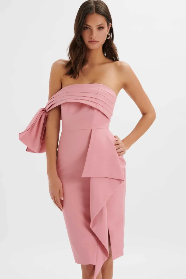 Lavish Alice Athena Off Shoulder Bow Detail Midi Dress In Powder Pink Online