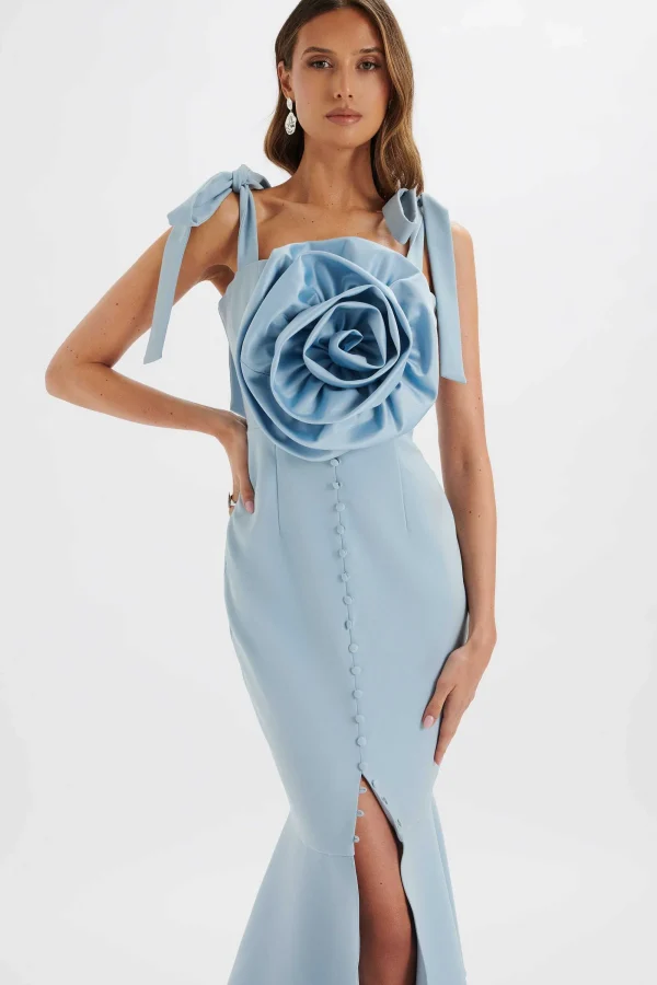 Lavish Alice August Flower Detail Tie Strap Micro Button Midi Dress In Cornflower Blue Cheap