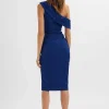 Lavish Alice Autumn Pleated Asymmetric Structured Satin Midi Dress In Navy Flash Sale