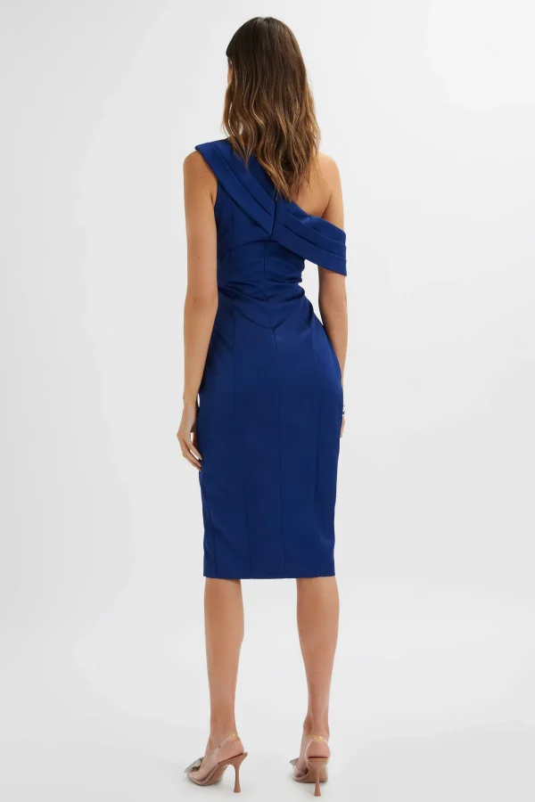 Lavish Alice Autumn Pleated Asymmetric Structured Satin Midi Dress In Navy Flash Sale