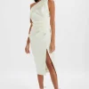 Lavish Alice Autumn Pleated One Shoulder Bonded Satin Midi Dress In Ivory Fashion