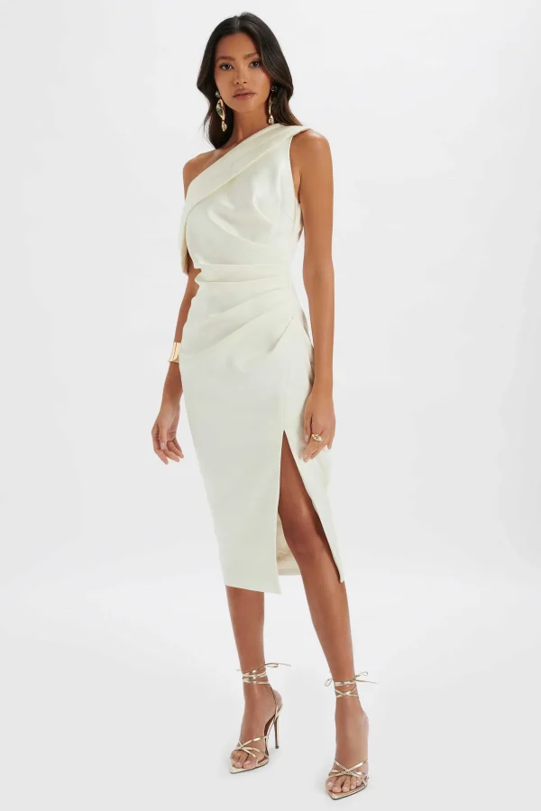 Lavish Alice Autumn Pleated One Shoulder Bonded Satin Midi Dress In Ivory Fashion