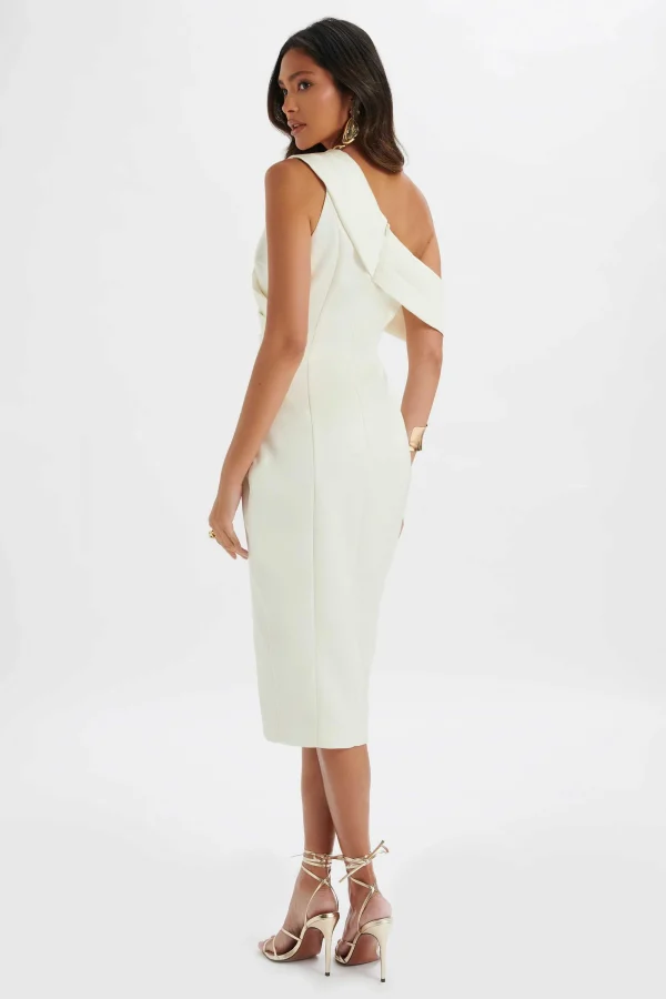 Lavish Alice Autumn Pleated One Shoulder Bonded Satin Midi Dress In Ivory Fashion