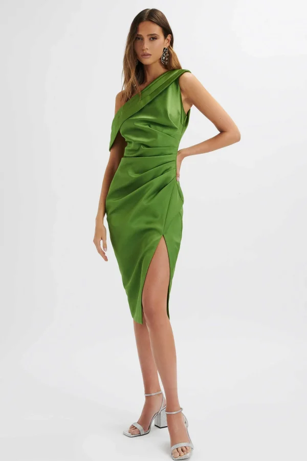 Lavish Alice Autumn Pleated One Shoulder Bonded Satin Midi Dress In Green Shop