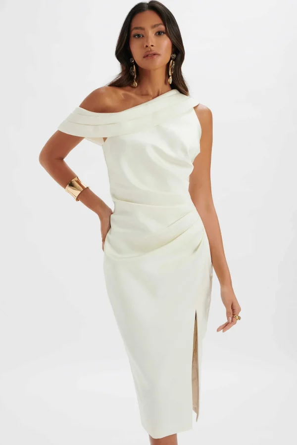 Lavish Alice Autumn Pleated One Shoulder Bonded Satin Midi Dress In Ivory Fashion