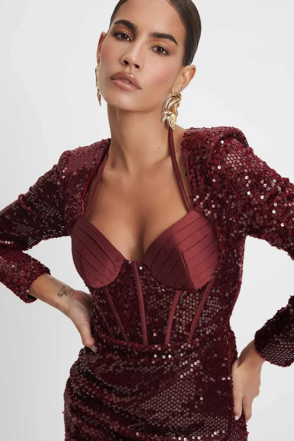 Lavish Alice Ava Velvet Sequin And Satin Mix Mini Dress In Burgundy Fashion