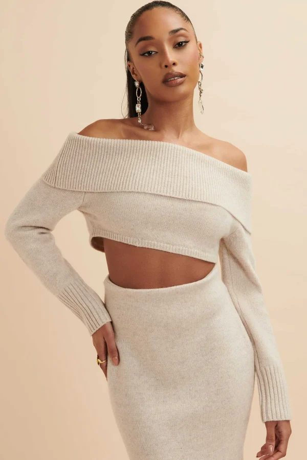 Lavish Alice Avani Knitted Wool Bardot Cropped Top In Stone Cheap