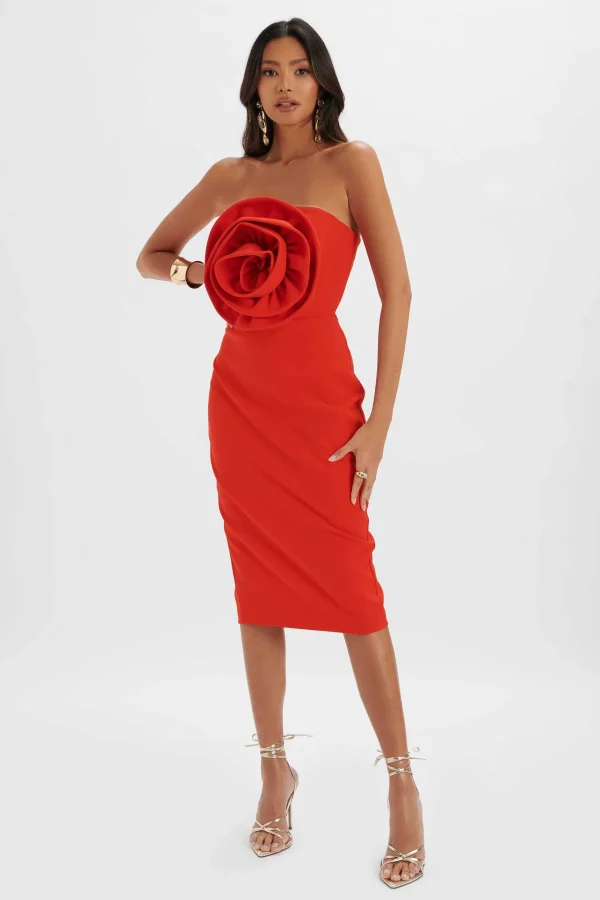 Lavish Alice Belle 3D Flower Bandeau Midi Dress In Red Discount