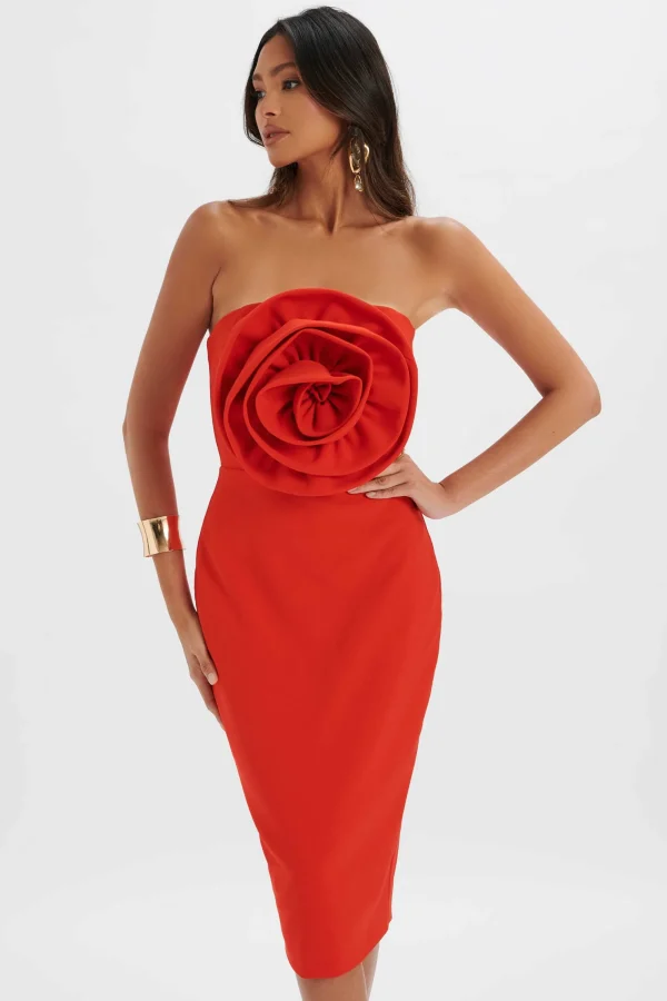 Lavish Alice Belle 3D Flower Bandeau Midi Dress In Red Discount