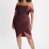 Lavish Alice Blake Curve Diamante Velvet Pleated Off Shoulder Midi Dress In Burgundy Hot