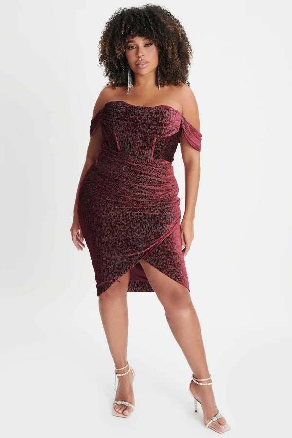 Lavish Alice Blake Curve Diamante Velvet Pleated Off Shoulder Midi Dress In Burgundy Hot