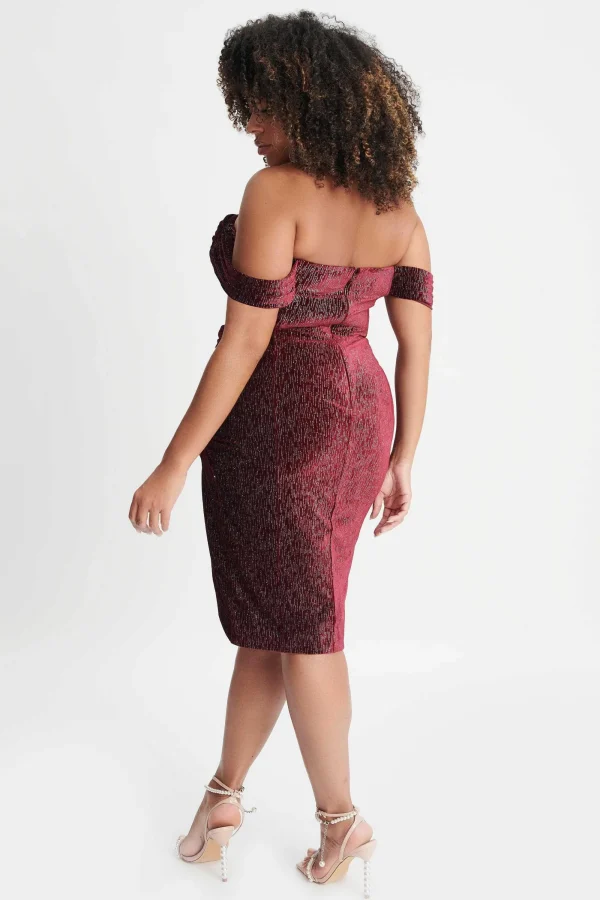 Lavish Alice Blake Curve Diamante Velvet Pleated Off Shoulder Midi Dress In Burgundy Hot