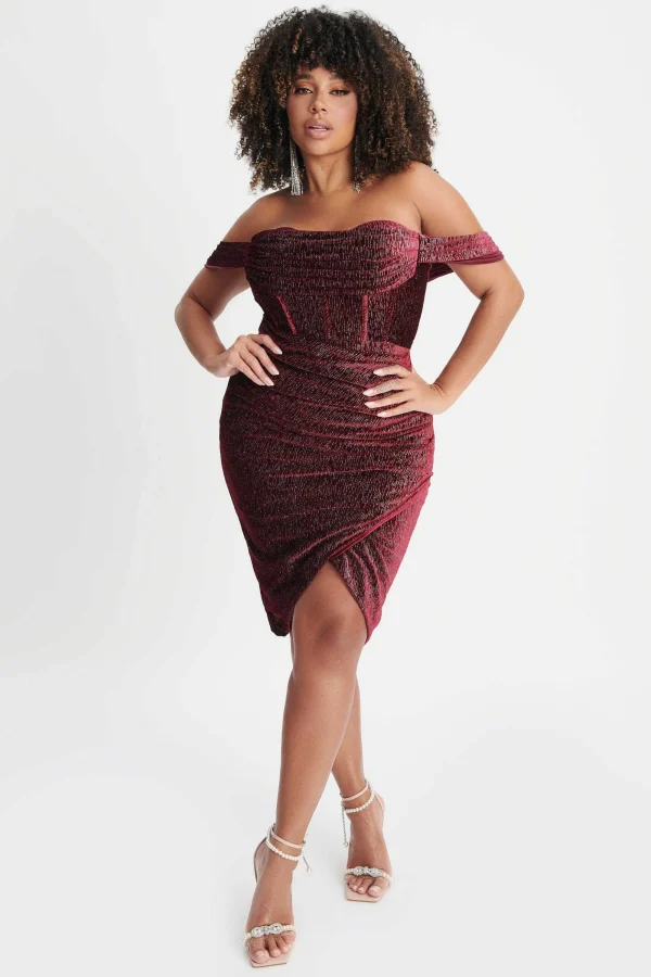 Lavish Alice Blake Curve Diamante Velvet Pleated Off Shoulder Midi Dress In Burgundy Hot