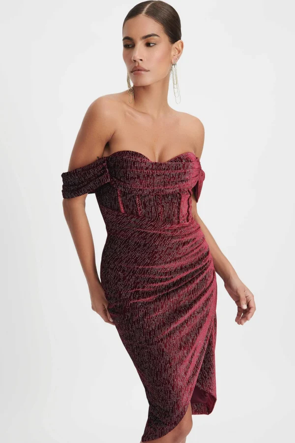 Lavish Alice Blake Diamante Velvet Pleated Off Shoulder Midi Dress In Burgundy Discount