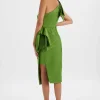 Lavish Alice Bloom One Shoulder Bow Detail Satin Midi Dress In Green Discount