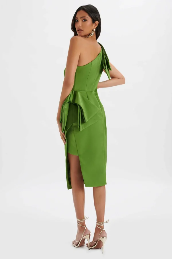 Lavish Alice Bloom One Shoulder Bow Detail Satin Midi Dress In Green Discount