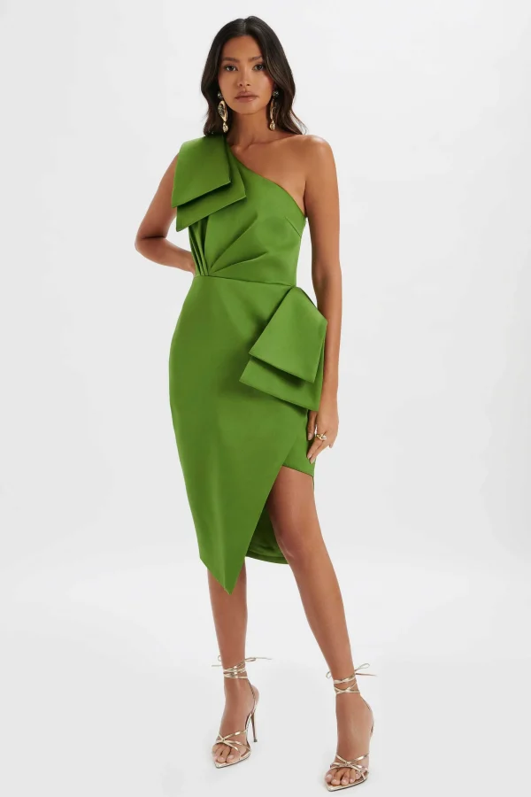 Lavish Alice Bloom One Shoulder Bow Detail Satin Midi Dress In Green Discount