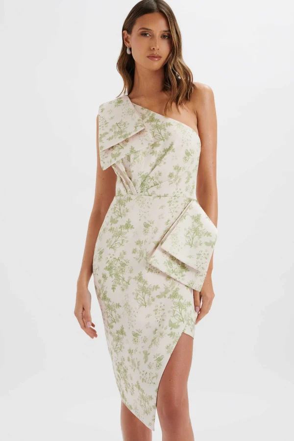 Lavish Alice Bloom One Shoulder Bow Detail Satin Midi Dress In Green Porcelain Print Shop