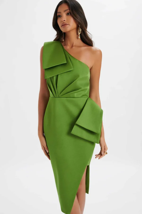 Lavish Alice Bloom One Shoulder Bow Detail Satin Midi Dress In Green Discount