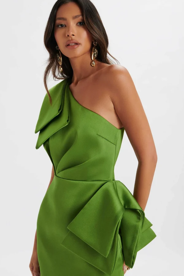 Lavish Alice Bloom One Shoulder Bow Detail Satin Midi Dress In Green Discount