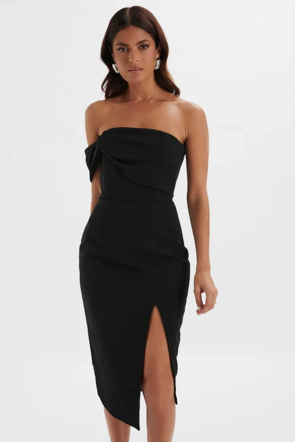 Lavish Alice Brie Bardot Knot Twisted One Shoulder Midi Dress In Black New