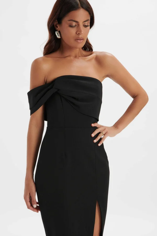 Lavish Alice Brie Bardot Knot Twisted One Shoulder Midi Dress In Black New