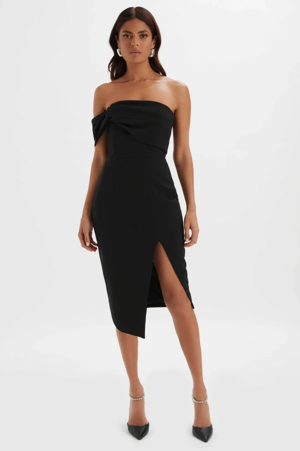 Lavish Alice Brie Bardot Knot Twisted One Shoulder Midi Dress In Black New