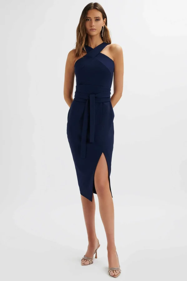 Lavish Alice Brielle Obi Belted Halterneck Midi Dress In Navy New