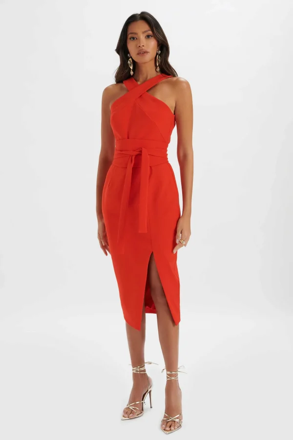 Lavish Alice Brielle Obi Belted Halterneck Midi Dress In Red Flash Sale