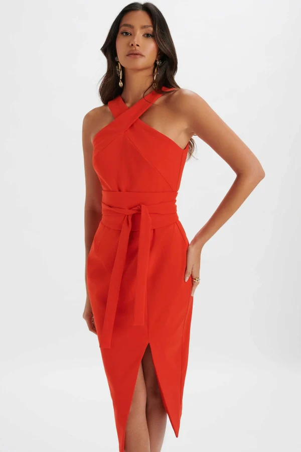 Lavish Alice Brielle Obi Belted Halterneck Midi Dress In Red Flash Sale