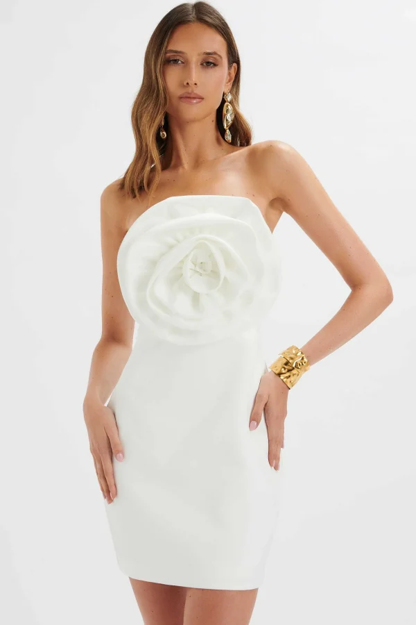 Lavish Alice Bryanna 3D Flower Bandeau Satin Mini Dress In White Store