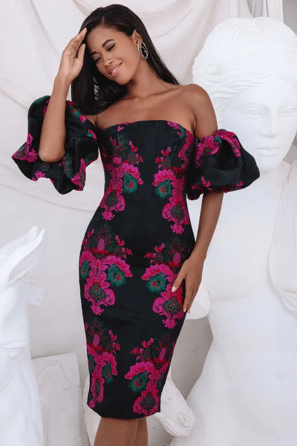 Lavish Alice Capri Jacquard Volume Sleeve Bardot Midi Dress In Black Clearance