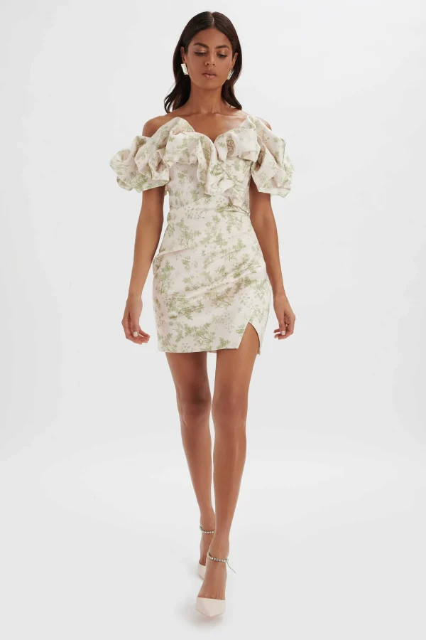 Lavish Alice Carrie Bonded Satin Bardot Mini Dress In Green Porcelain Print Sale