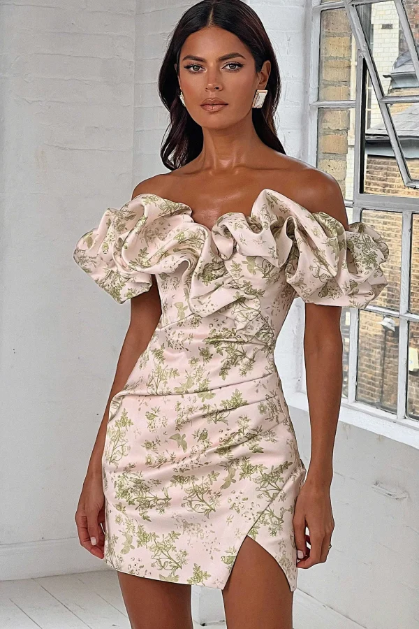 Lavish Alice Carrie Bonded Satin Bardot Mini Dress In Green Porcelain Print Sale