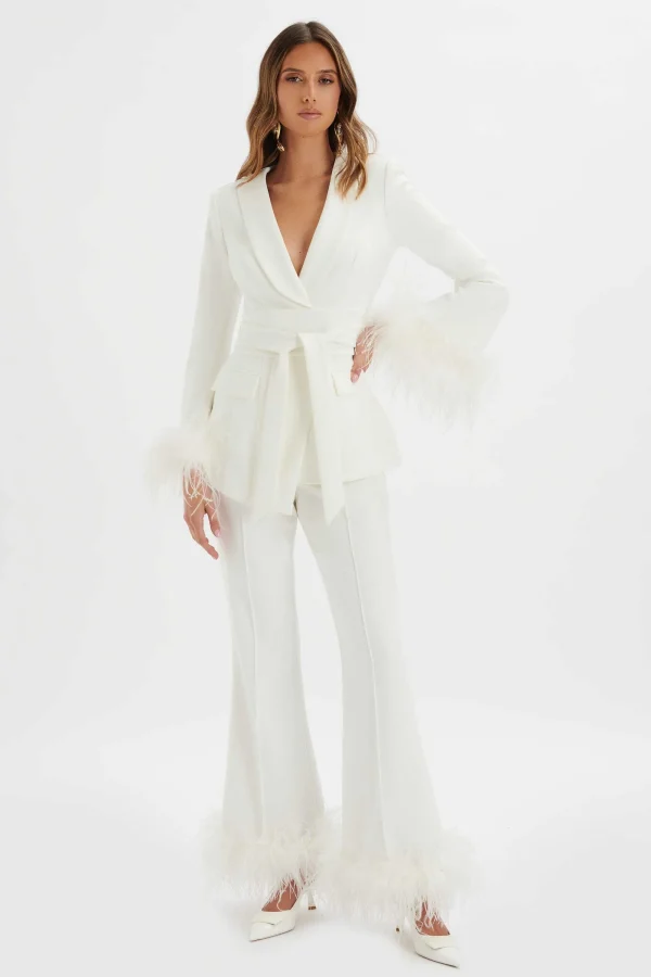 Lavish Alice Celia Feather Cuff Blazer Jacket In White Clearance