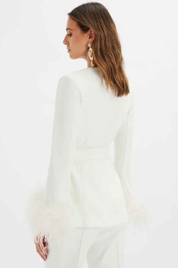 Lavish Alice Celia Feather Cuff Blazer Jacket In White Clearance